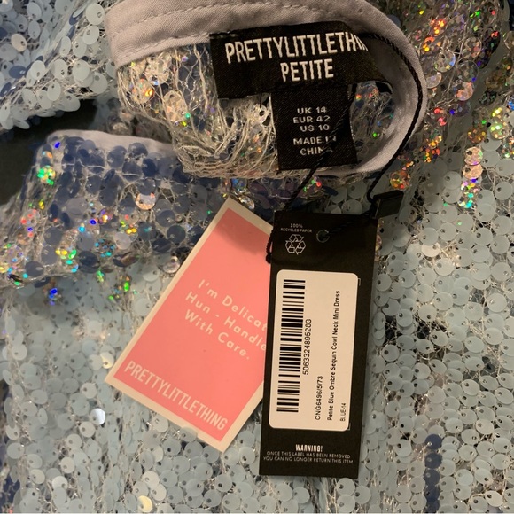 NWT PrettyLittleThing Petite Blue Ombre Sequin Cowl Neck Halter Mini Dress - Picture 6 of 6